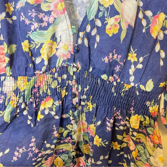 Zimmermann Zinnia Shirred Waist Floral Linen Dress Cobalt Blue Womens 2 / US M - Picture 11 of 14